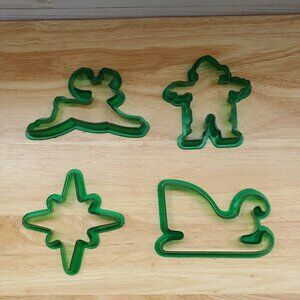 Vintage Green Plastic Christmas Cookie Cutters From 1980s Elf Reindeer Sleigh